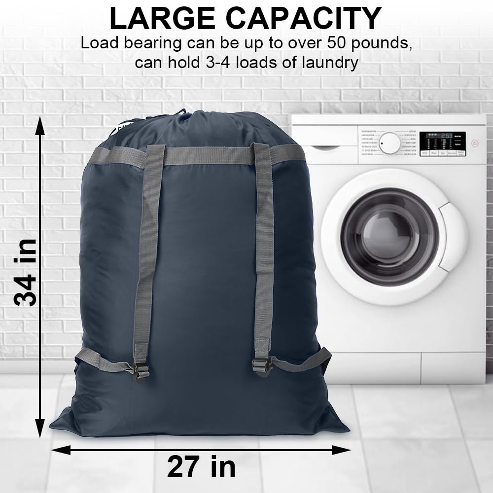 Extra großer Wäschesack-Rucksack, 68.6 x 86.4 cm, robuster und reißfester Polyester-Rucksack mit Kordelzug und Schultergurten, maschinenwaschbar, College, Wohnheim, Wäschesack, Marineblau | Extra großer, robuster, faltbarer Rucksack für Uni, Reisen, Wasch