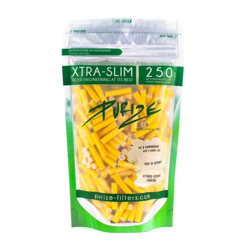 Purize Carbon Activated Extra Slim Filter Tips - 6mm - (250 Pack) - Enhance Your Smoking Experience with Advanced Filtration Technology - with Vastu Storage Mylar Bag (Yellow)