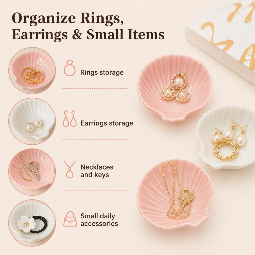Shell Shape Ceramic Ring Dish Jewelry Tray Trinket Dish Jewelry Holder Ring Holder Decorative Jewelry Dish Tray Shell Decor Jewelry Organizer White Pink Ring Dish Engagement Gift Beach Decor (Pink) image 3