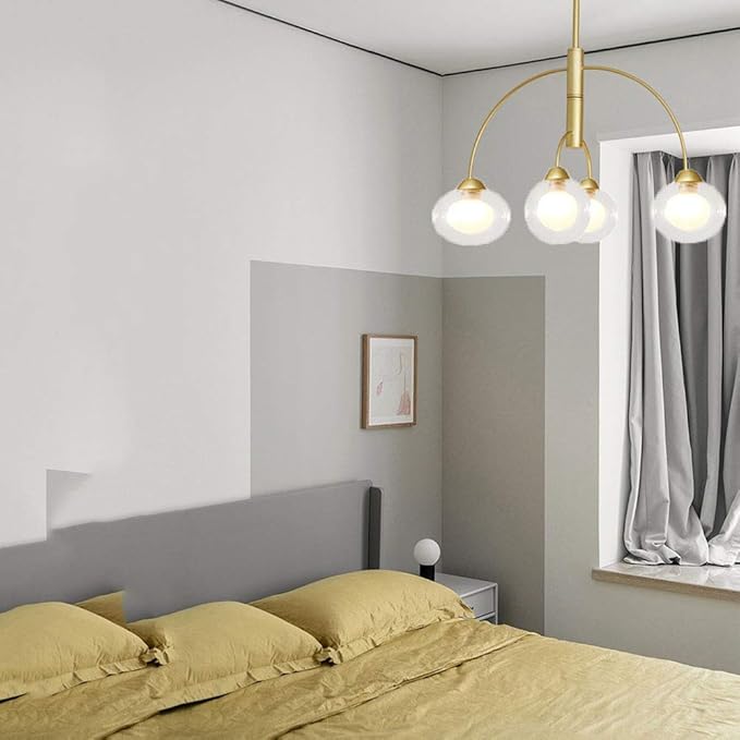 NZDY Kroonluchter in het midden van de zitting, plafondlamp, industrieel glas, mat, globe hanger, lamp voor keuken, eetkamer, woonkamer, goud, plus transparant, 4 lampen photo 2