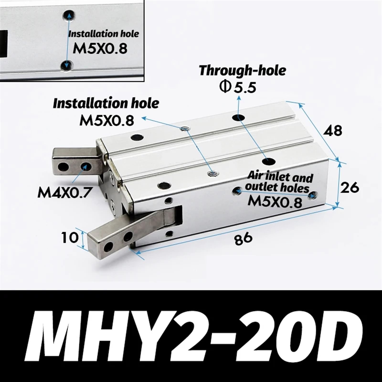 Szczypce pneumatyczne z podwójnym efektem MHY2 10D 16D 20D 25D, otwór 10-25 mm, typ SMC, aluminiowy zacisk kątowy 180 stopni, uchwyt (MHY2-20D)
