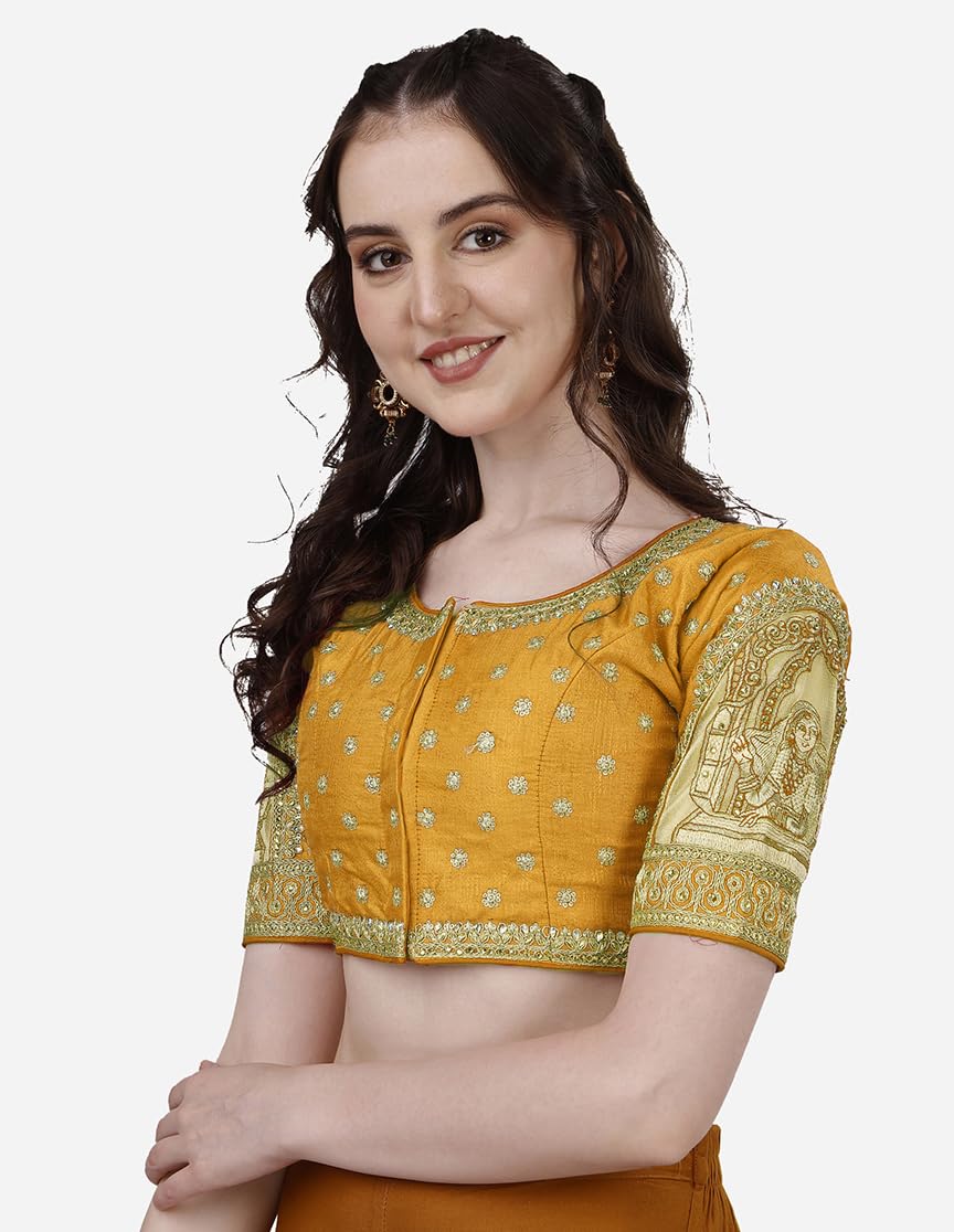 Pujia Mills Women's Heavy Embroidery Coding With Sequins And Diamond Work Half Sleeves Fancy Cutwork Readymade Saree Blouse.(Palace Yellow_38)