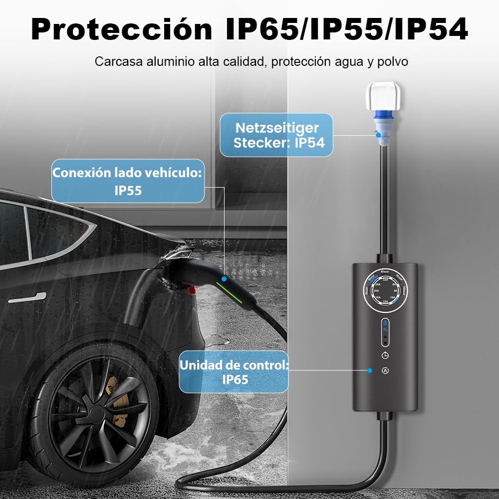 Junsun Cargador EV Portátil 7.2KW Monofásico, Corriente Ajustable 6A-32A, Cable 5m con Enchufe CEE Industrial Azul, Maletín de Transporte Incluido – Ideal para Coche Eléctrico e Híbrido