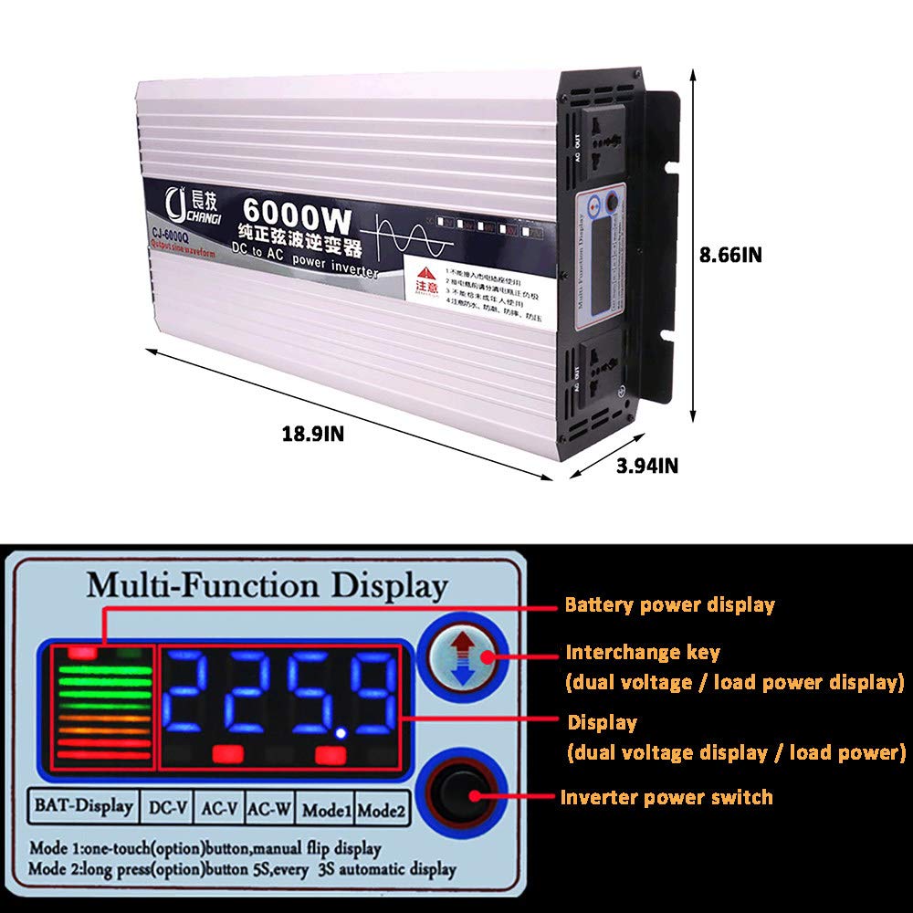 Inverter a onda sinusoidale pura (3000-6000W), 12/24 / 48/60 / 72V - 220V, trasformatore di potenza, schermo LCD + protezioni multiple, con cavo batteria,12V-6000W