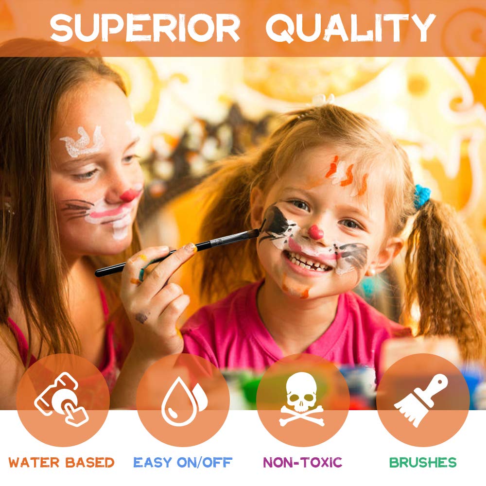 Face Paint Kit - 15 Vibrant Colors Water-Based Makeup | Non-Toxic, Washable & Hypoallergenic for Kids & Adults | Halloween, Cosplay, Party, Face Art | Includes 2 Brushes & Palette
