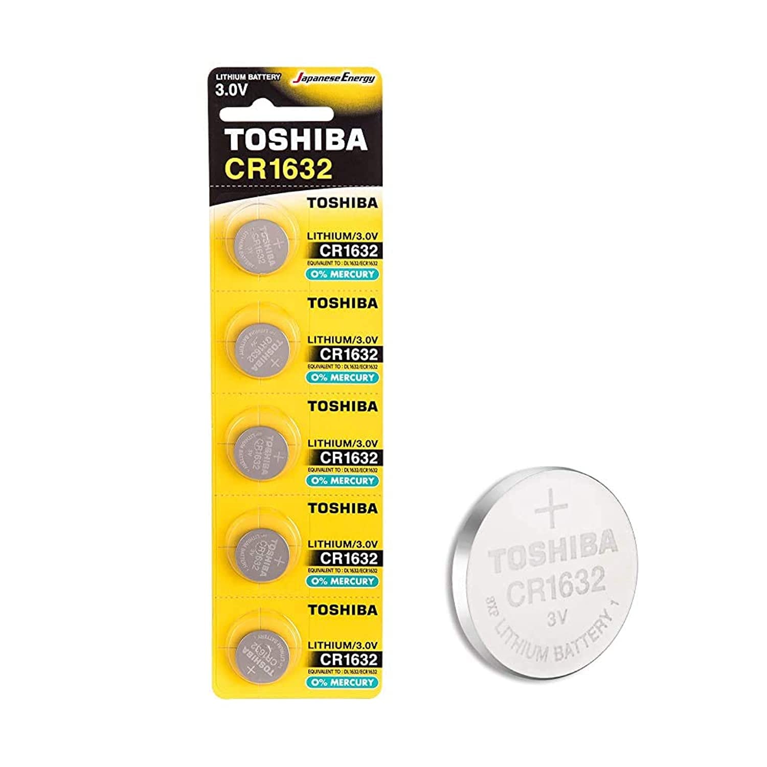 Toshiba CR1632 3V Lithium Coin Cell Battery Pack of 5 batteries