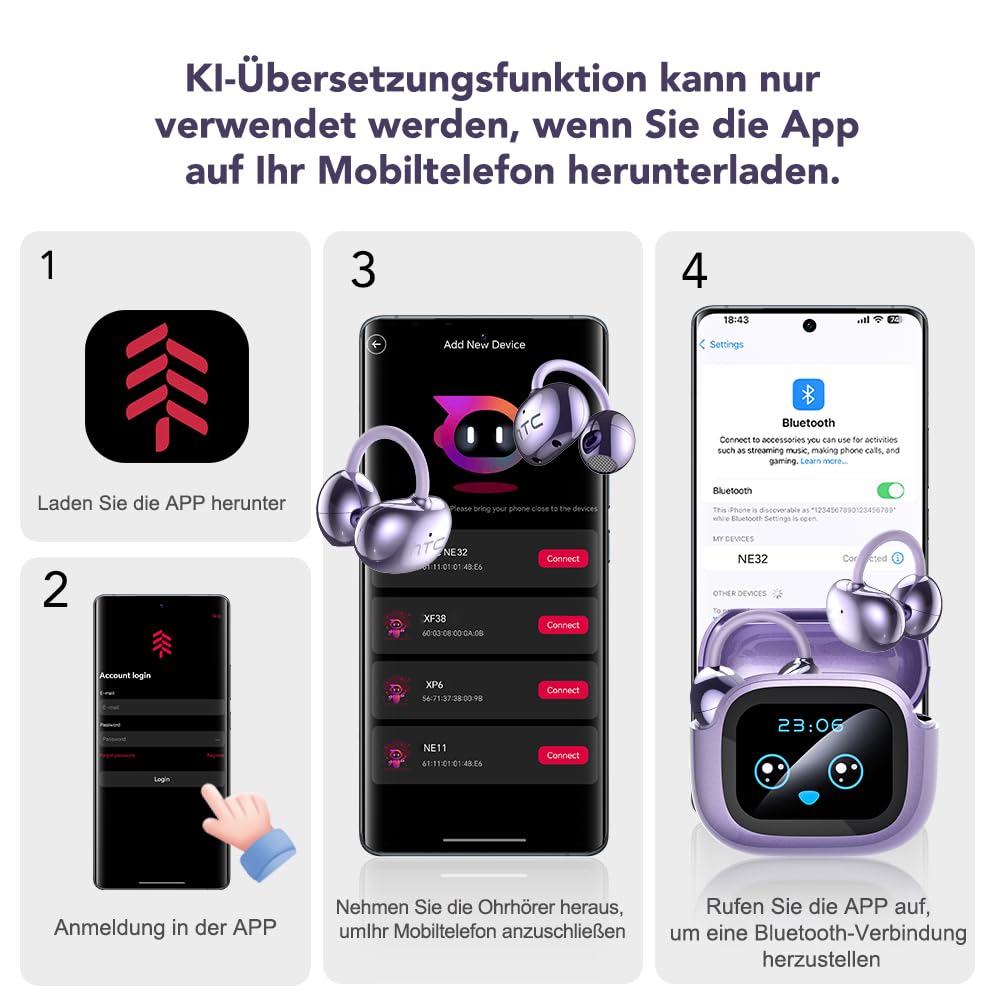 AI - Traduttore per cuffie NE32, in tempo reale, 136 lingue con app, cuffie Bluetooth senza fili, 3 in 1,40H, per iOS e Android, apprendimento, da viaggio viola