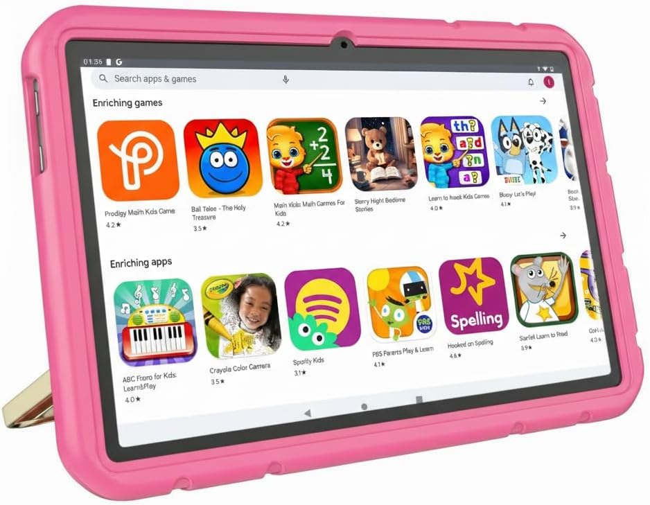 10.1 Inch Android 15 Tablet for Kids, Teens & Adults, Octa-Core 20GB RAM 128GB Storage (1TB Expandable), HD IPS Display, Parental Control, Shockproof Case, WiFi, Bluetooth, Big Battery, Pink
