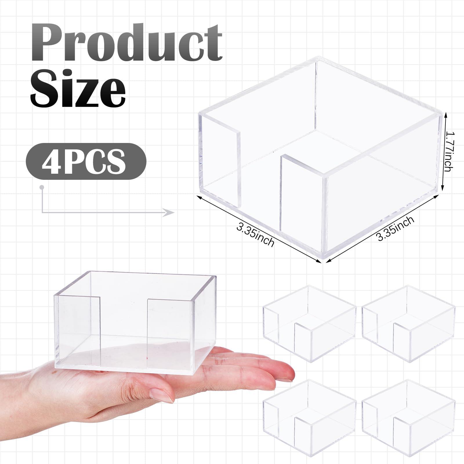 Threehoney 4 porta note adesive in acrilico 3 x 3 cm, dispenser per appunti in acrilico trasparente, porta appunti, organizer da scrivania, accessori adesivi per dormitorio, ufficio, scrivania