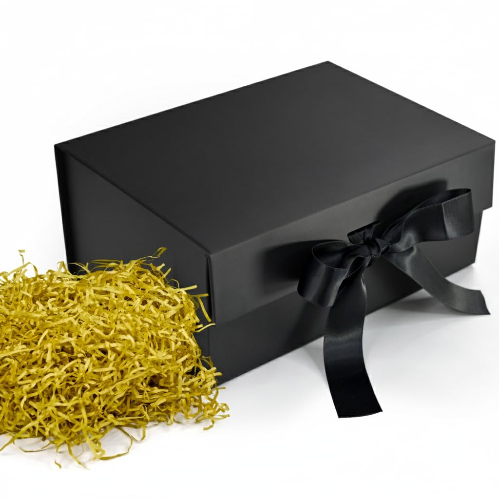RBS®-Black Gift Box with Golden Filler 23x16x10cm Empty Hamper Box for Gifting Holds Upto 5kg Sturdy Cardboard Gift Boxes with 25g Decorative Shredded Paper Birthday, Diwali, Valentine’s Day Packing