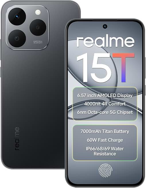 realme 15T 5G 256GB ROM 8GB RAM 7000mAh 6.57 inch 120Hz AMOLED 60W , IP69 GPS (
