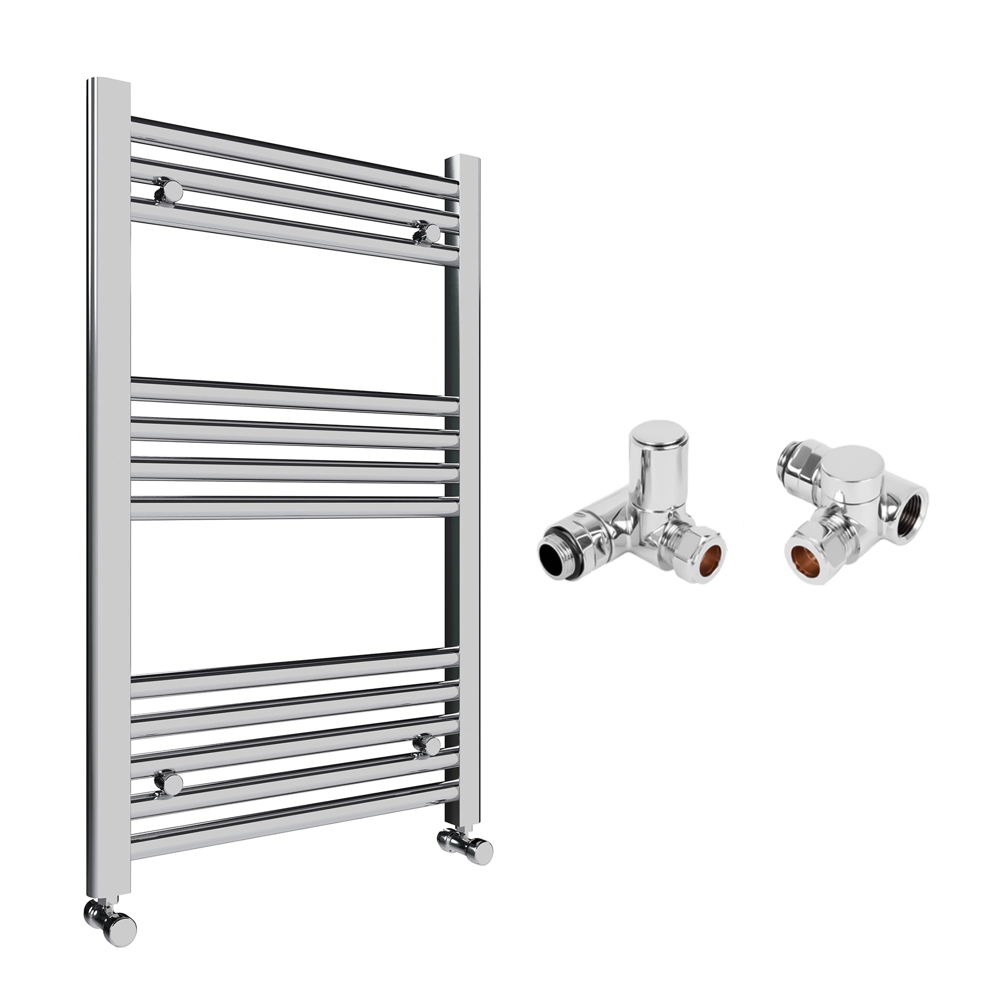 Chrome Bathroom Straight Heated Towel Rail Radiator 600 x 800 & Dual Fuel Thermostatic Corner Valves
