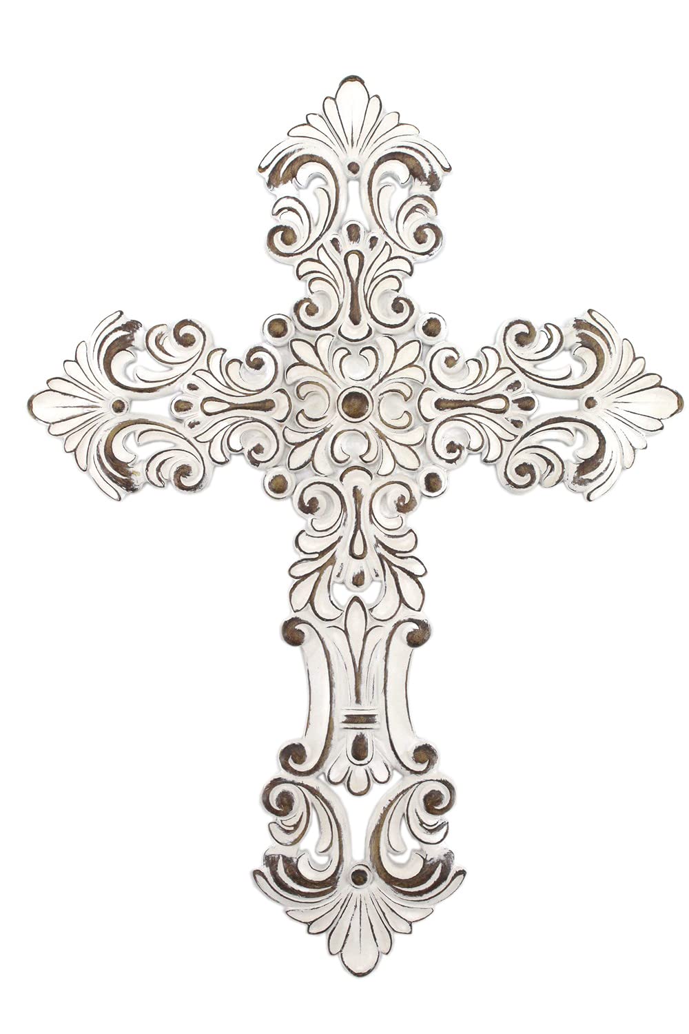 Comfy Hour Faith and Hope Collection White Flower Hollow Out Wall Cross, Religious Decoration, Antique Style, Polyresin