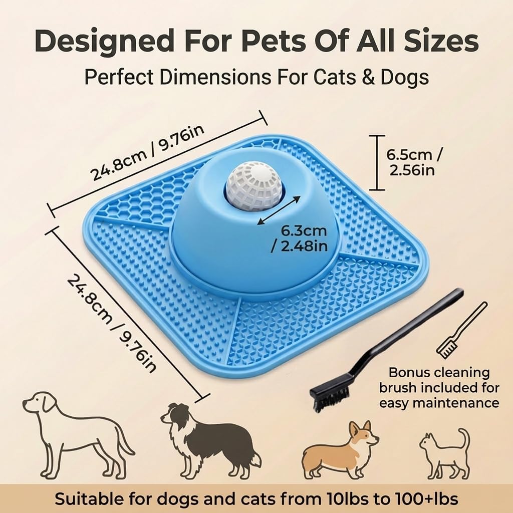 Slow Feeder Dog Bowl, 2-in-1 Pet Lick Mat with Rolling Ball, Non Slip Silicone Suction Base for Wet Liquid and Soft Food, Helps Slow Eating and Reduce Mess for Dogs and Cats, Blue