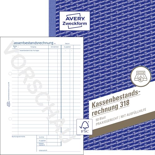 AVERY Zweckform 318 Kassenbestandsrechnung (A5 50 Blatt Ermittlung der Tageseinnahmen & Kassenbestand von Rechtsexperten geprüft für DE/AT zur ordnungsgemäßen Buchführung) weiß
