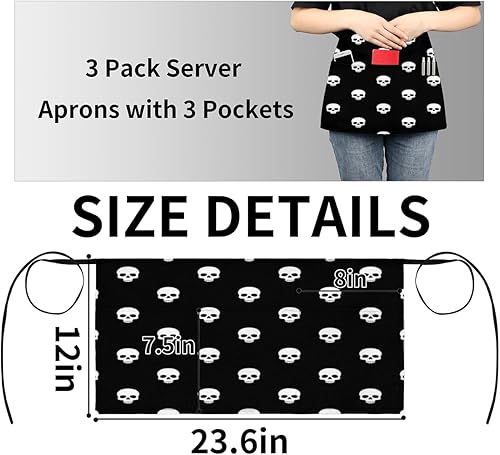 Miniatura 4 de White Skull - Paquete de 3 delantales de servidor con 3 bolsillos, impermeables, delantales de media cintura para mujer, para cocinar, lavar platos,