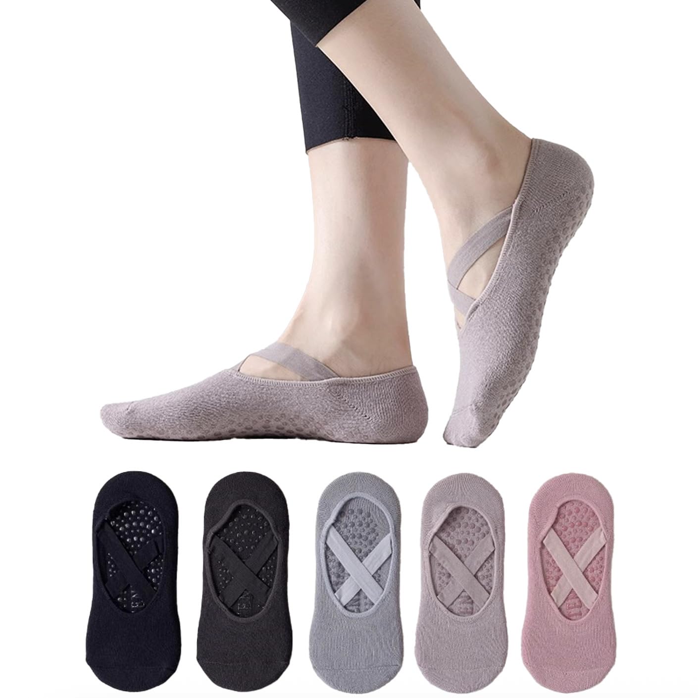 5 Pairs Yoga Socks for Women Non-Slip Grips & Straps, Ideal for Pilates, Pure Barre, Ballet, Dance, Barefoot Workout
