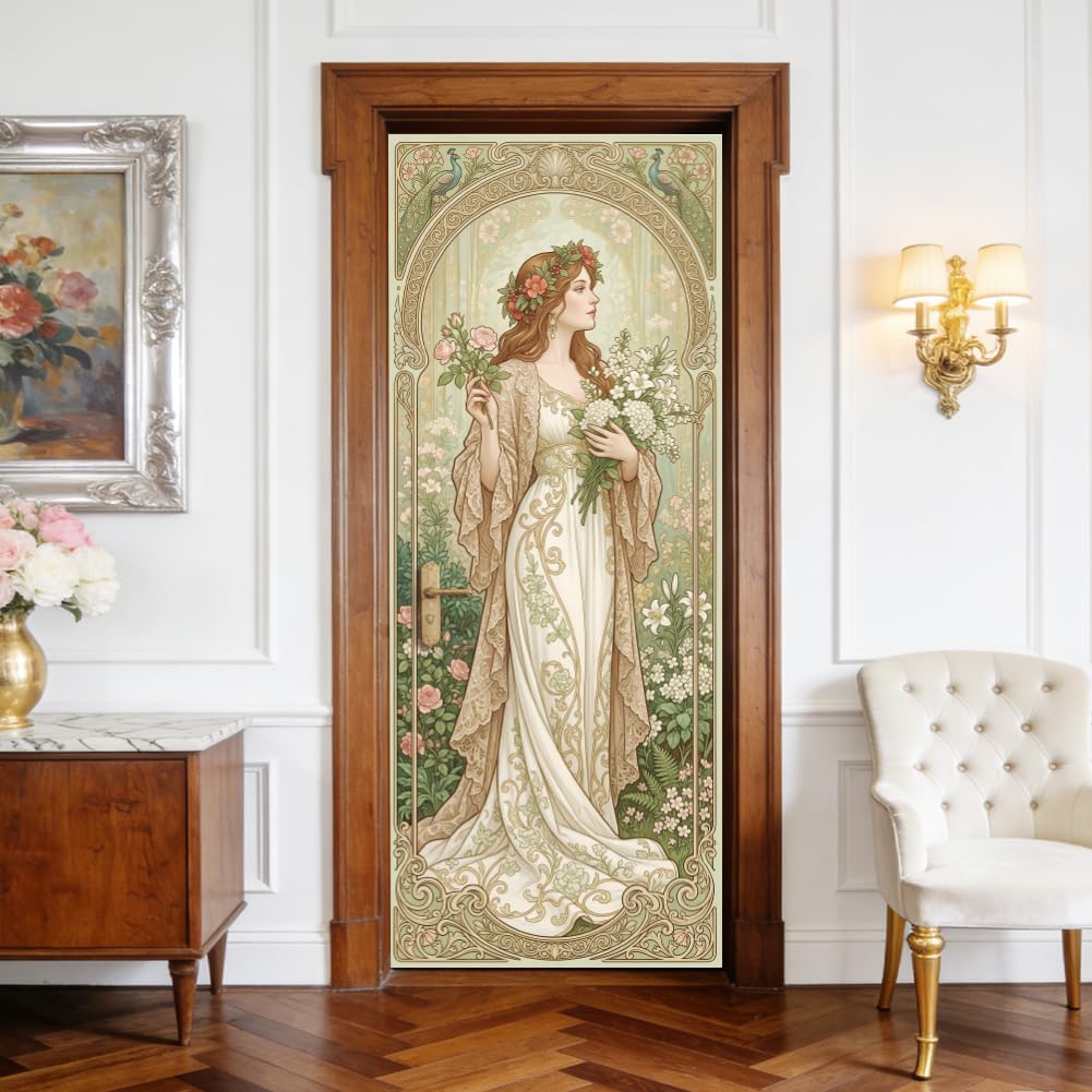 arricraft 2 Pcs Romantic Nature Scene Self-Adhesive Door Sticker, 31.5"x78.7" Elegant Art Nouveau Woman Decorations Door Murals Stickers PVC Removable Wallpaper Decoration for Bedrooms Living Room
