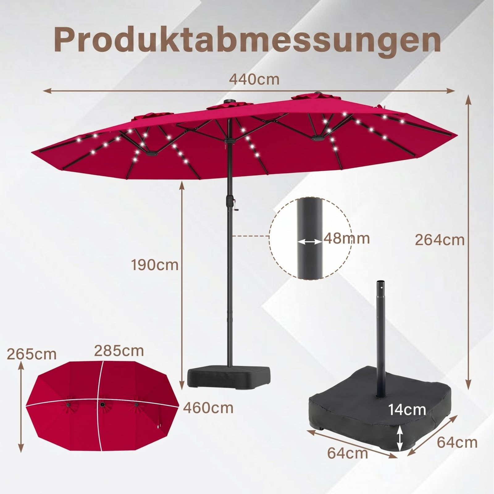 COSTWAY Podwójny parasol przeciwsłoneczny ze stojakiem i oświetleniem solarnym LED, 450 x 260 cm, Podstawa parasola nie jest dołączona, parasol ogrodowy z korbą, parasol tarasowy, do ogrodu (czerwony)