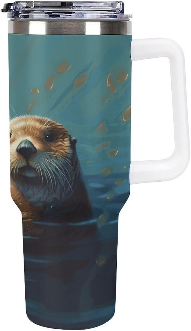 Sea Otters Painting Travel Coffee Mug Reusable Durable Stainless Steel Insulated Tumbler with Handle And Straw Leak Resistant Portable Thermal Cup Gifts for Men Women 40 Oz