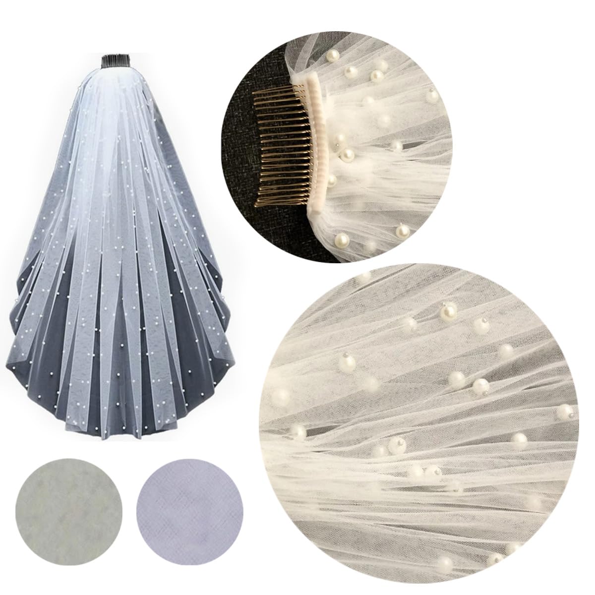 Voile de mariée avec perles blanc/ivoire - Voile de mariage - 1 couche de tulle souple - Avec peigne en métal - Élégent - Église - Long voile de perles - Accessoire de cheveux pour femme -