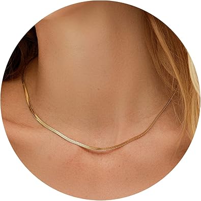 EASYHAUTE 14K Gold/Silver Plated Snake Chain Herringbone Necklace Hypoallergenic Dainty Choker Waterproof Jewelry Gift for Women Girl 3/4/5MMW 14"/16"/18"/20"L