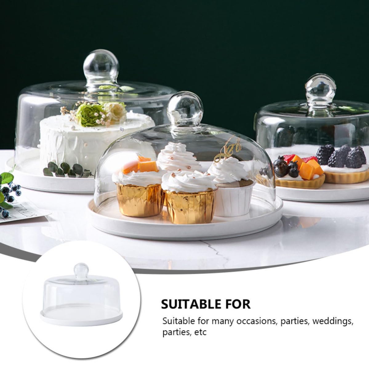 POPETPOP Bandeja para Tartas Soporte Dustproof con Tapa Transparente de Vidrio y Cerámica de Color Claro Diseño Delicado y Funcional Adecuado para Fiestas y Bodas