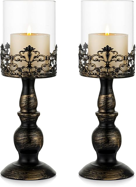 Sziqiqi Vintage Distressed Black Hurricane Candle Holders Set of 2, Versatile Metallic Pedestal Glass Floral Centerpiece Base for Wedding Party Home Fireplace Mantel Decoration 33cm/13in