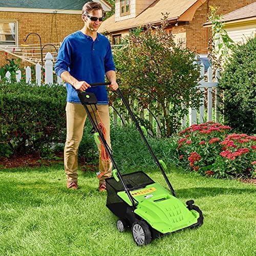 COSTWAY 2 in 1 Electric Scarifier and Lawn Aerator, 1500W Garden Lawn Rake with 40L Collection Box, 32cm Working Width, 10m Cable, 3 Height Settings, 2 Interchangeable Rollers & Safety Switch (Green)