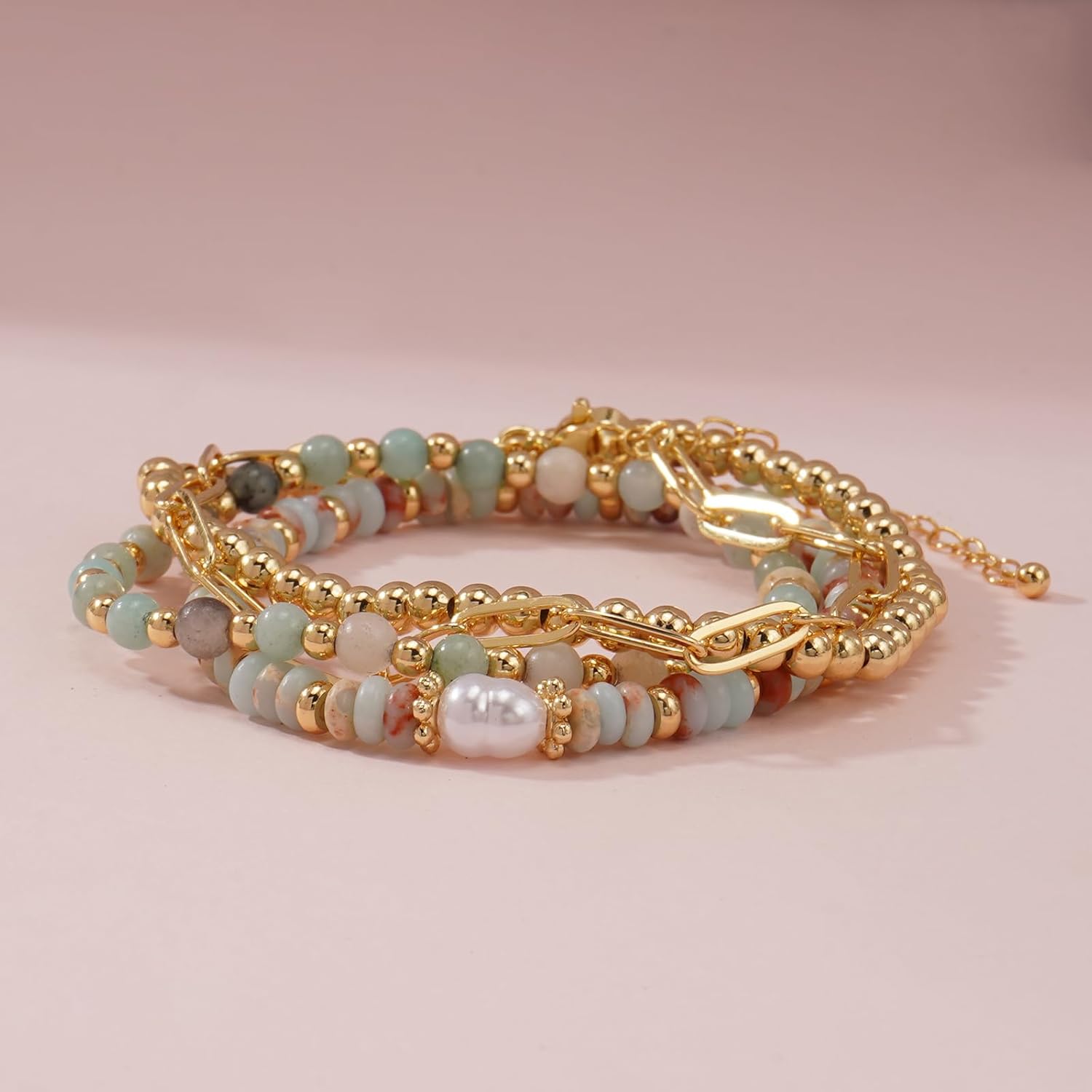 Gold Crystal Pearl Beaded Bracelet Stack for Women,4PCS Bohemian Paperclip Link Chain Stackable Bracelets Set Fashion Accessories Outfit Jewelry Gift - Image 5