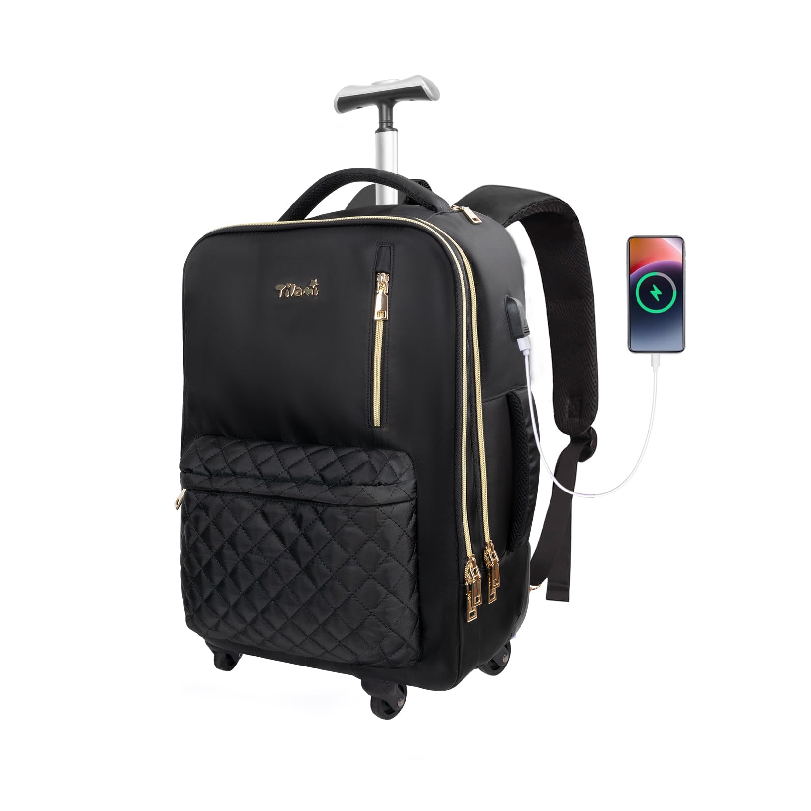 Tilami Rolling Backpack for Women, Carry on Laptop Backpacks with Wheels, 40L Roller Backpack for Travel,Black