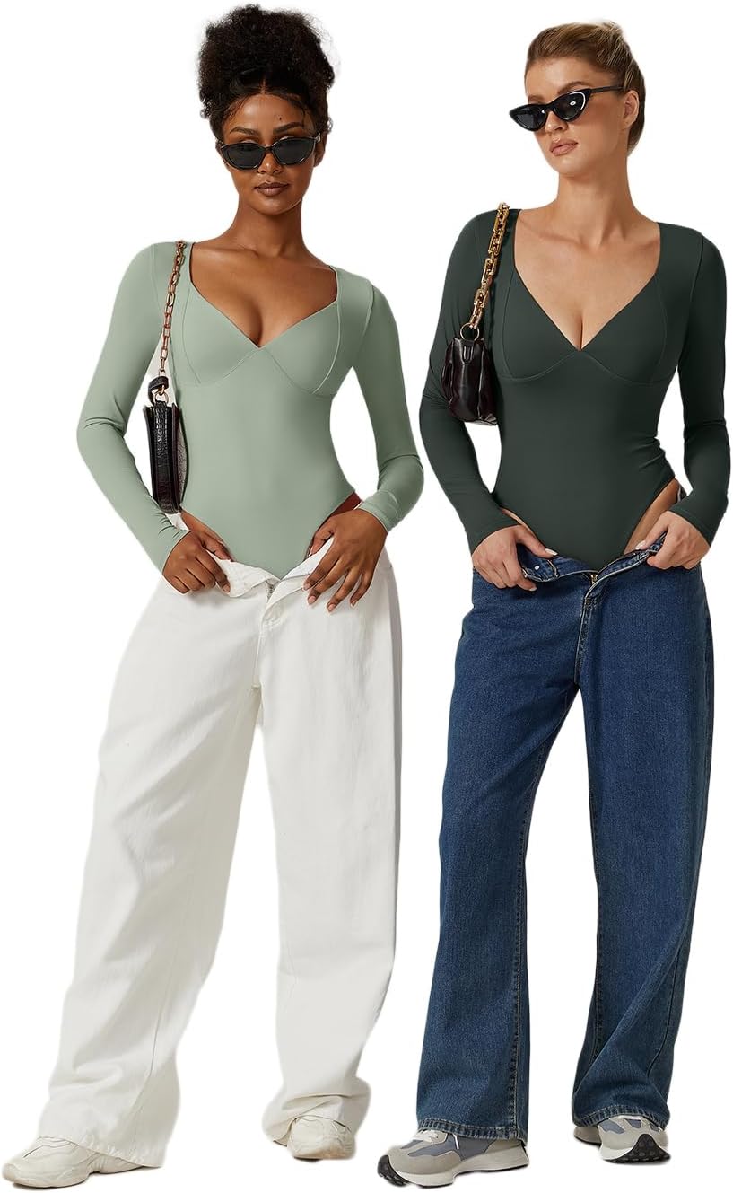 QINSEN Women's Long Sleeve Bodysuit V Neck Body Suits Seamed Cup Going Out Tops Shirt