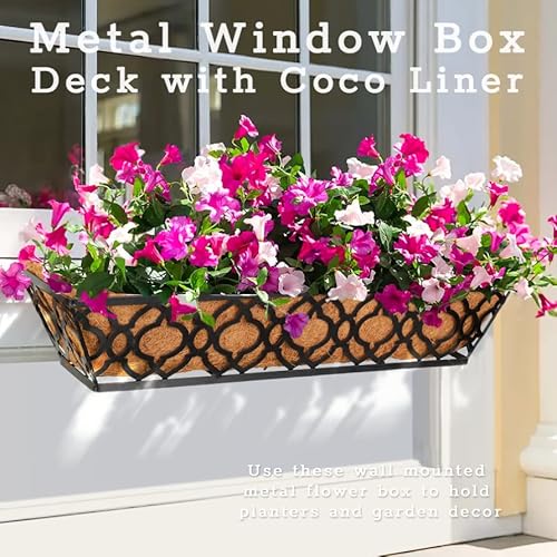 Lawyamai 2Pcs 24 Inch Window Deck With Coco Liner, 24" Window Boxes Horse Trough With Coconut Coir Liner,Metal Hanging Flower Planter Window Basket Deck Railing Planter Boxes For Outdoor Indoor Lawn #TOP6