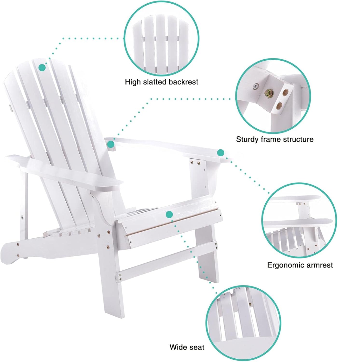 Houssem Adirondack Chair,Foldable Solid Wood Patio Chairs,Max Load 350LBS,All-Weather Outdoor Chair for Terrace,Porch,Lawn,Beach,White