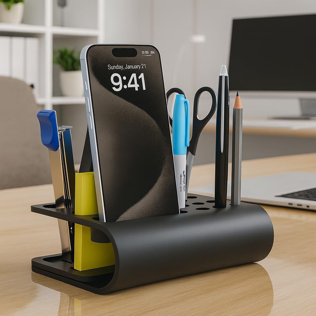 3 Lines Acrylic Tiny Twist Pen and Pencil Stationary Storage | Phone Stand | Mini Desk Organizer | Individual compartment for all the stationary | Home and Office Accessories | Black