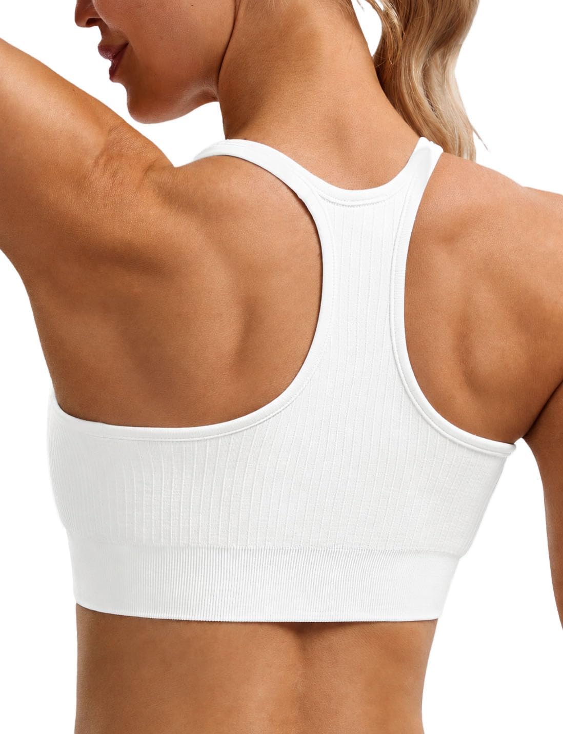 MathCat Seamless Ribbed Sports Bra for Women, Racerback Padded Workout Athletic Top, Wireless Crew Neck Yoga Gym Pilates Bra