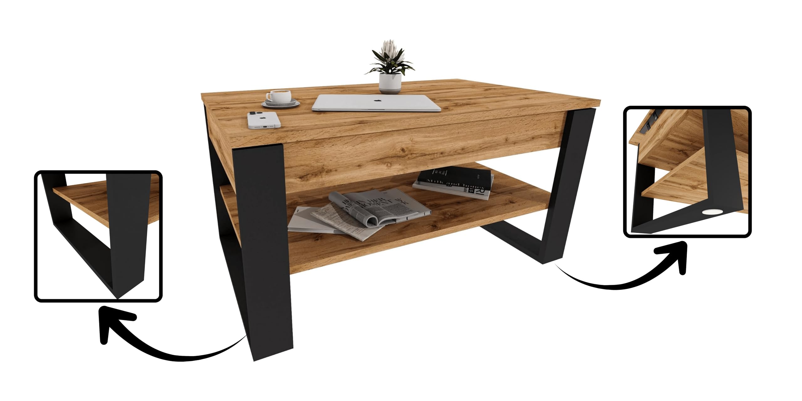 Couchtisch mit anhebbarer Platte | Höhenverstellbarer Wohnzimmertisch mit Stauraum | Sofatisch Eiche Wotan Schwarz modern mit Ablage & verstecktem Fach – Coffee Table für Wohnzimmer & Büro