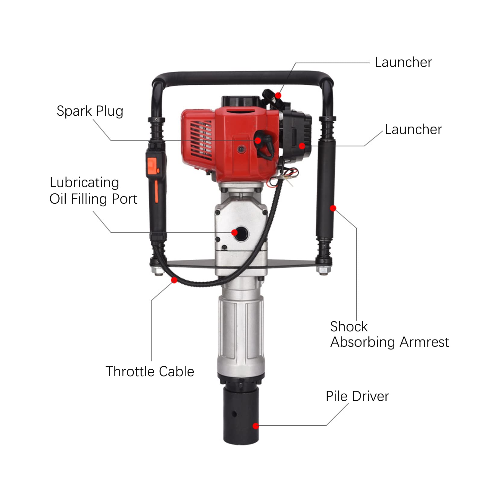 T Post Farm Fence Gasoline Pile Driver, Gas Powered T Post Driver 2-Stroke 52CC 2.3HP Single Cylinder Pile Gasoline Engine Push Fence Farm Tool with 2 Post Driving Head