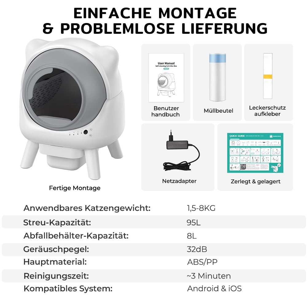 Redkey X1 Selbstreinigende Katzentoilette, 95L Elektrische Automatische Katzentoilette, Geruchsbeseitigung, App-Steuerung, Große Fassungsvermögen, für alle Streuarten, Ideal für Mehrere Katzen (Weiß)
