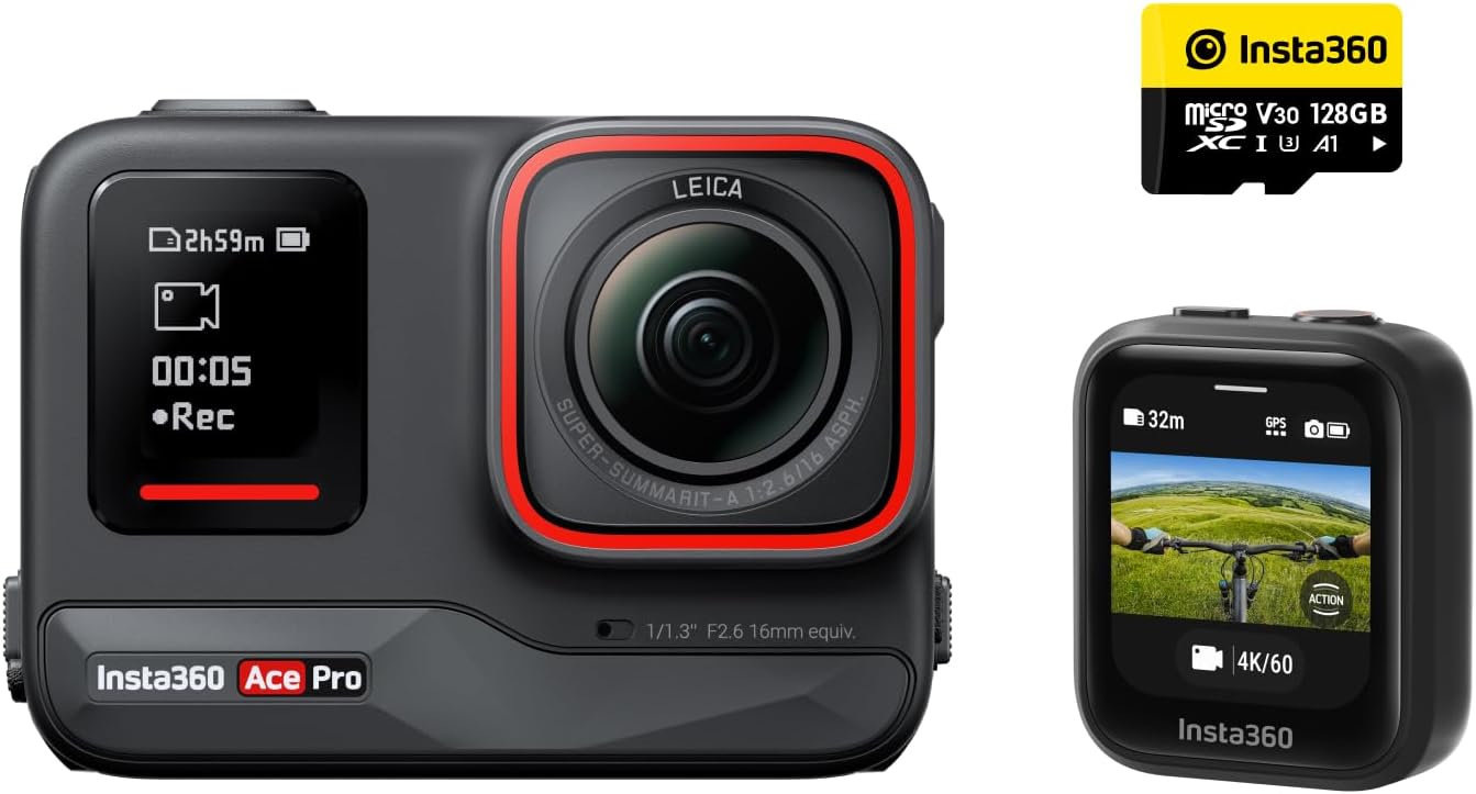 Insta360 Ace Pro Action Camera with Leica Waterproof 1/1.3” Sensor, AI Noise Reduction, High Image Quality, 4K 120fps, 2.4” Flip Screen, Advanced AI Functionality, Action Camera, GPS Photography Kit