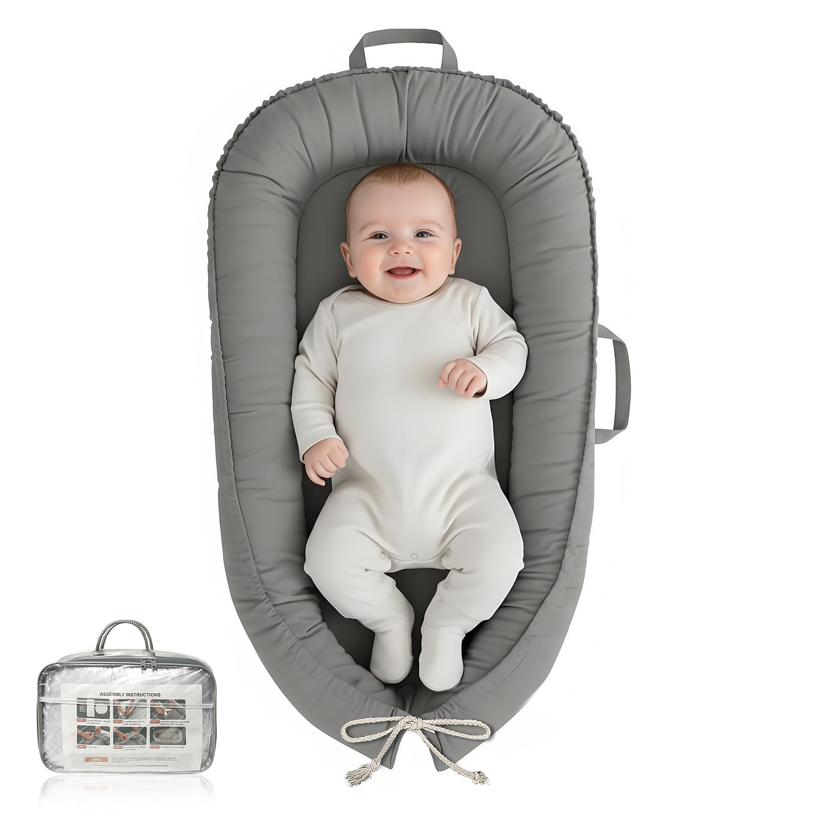 Baby Lounger - Infant Lounger for Newborn 0-24 Months, Pure Cotton Breathable Baby Nest Lounger, Newborn Essentials for Baby Boys & Girls, Portable Baby Lounger for Home and Travel