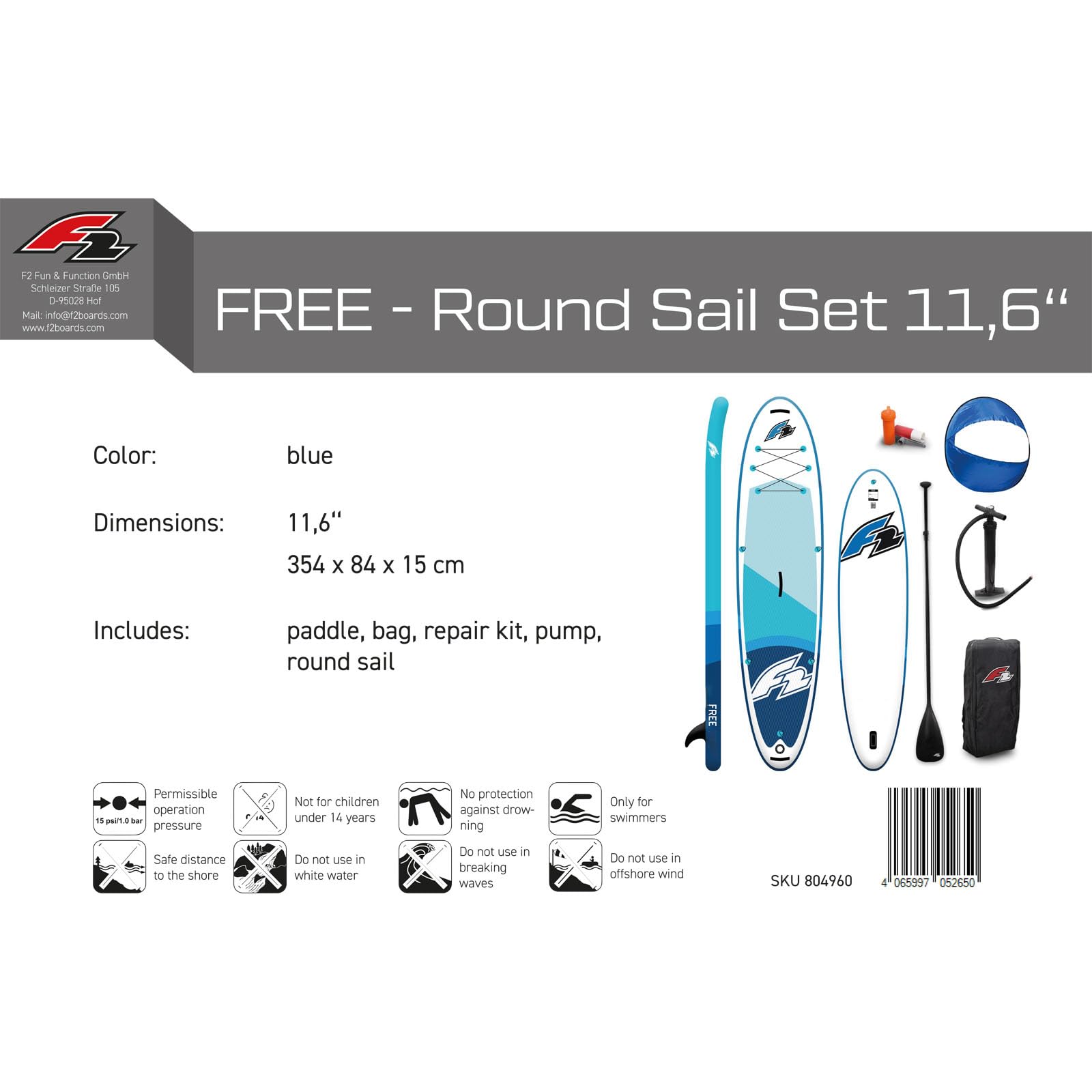 F2 Stand Up Paddle Board Free - Round Sail - SUP Set Größe wählbar Blau 2024/25