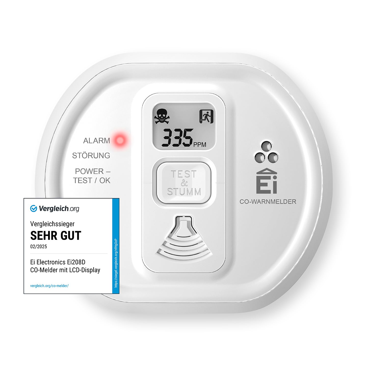 Ei Electronics Ei208D Kohlenmonoxidmelder, CO-Melder mit LCD-Display und Batterie für 10 Jahre, Stand-Alone-Gerät, weiß