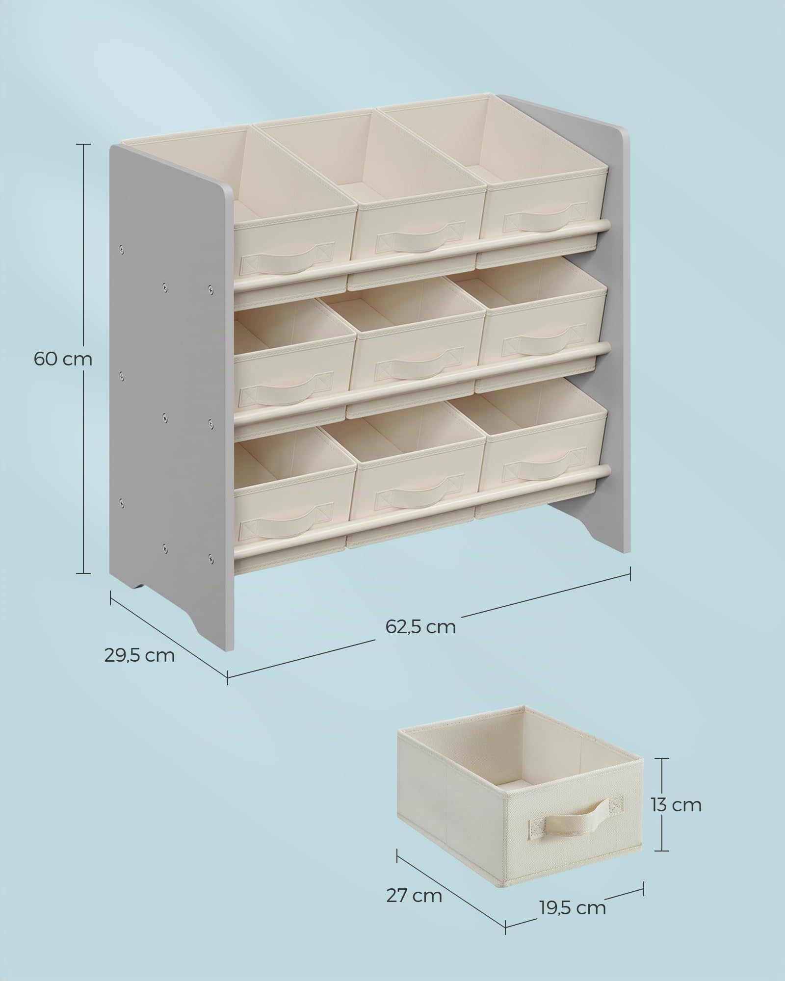 SONGMICS Scaffale per Bambini, Scaffale per Giocattoli, Libreria per Bambini, con 9 Contenitori in Tessuto Non Tessuto, per Camera dei Bambini, Spazioso, 29,5 x 62,5 x 60 cm, Grigio Tortora GKR033G10