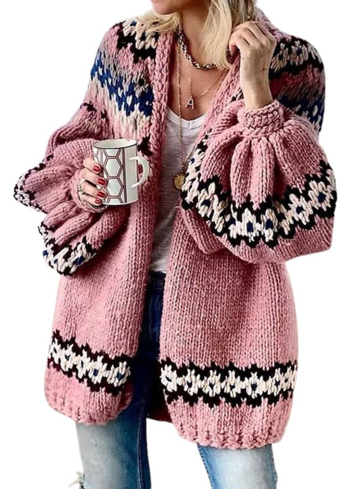 chouyatou Womens Fall Casual Patterned Cardigan Sweater Oversized Open Front V-Neck Chunky Knit Cardigan Coat
