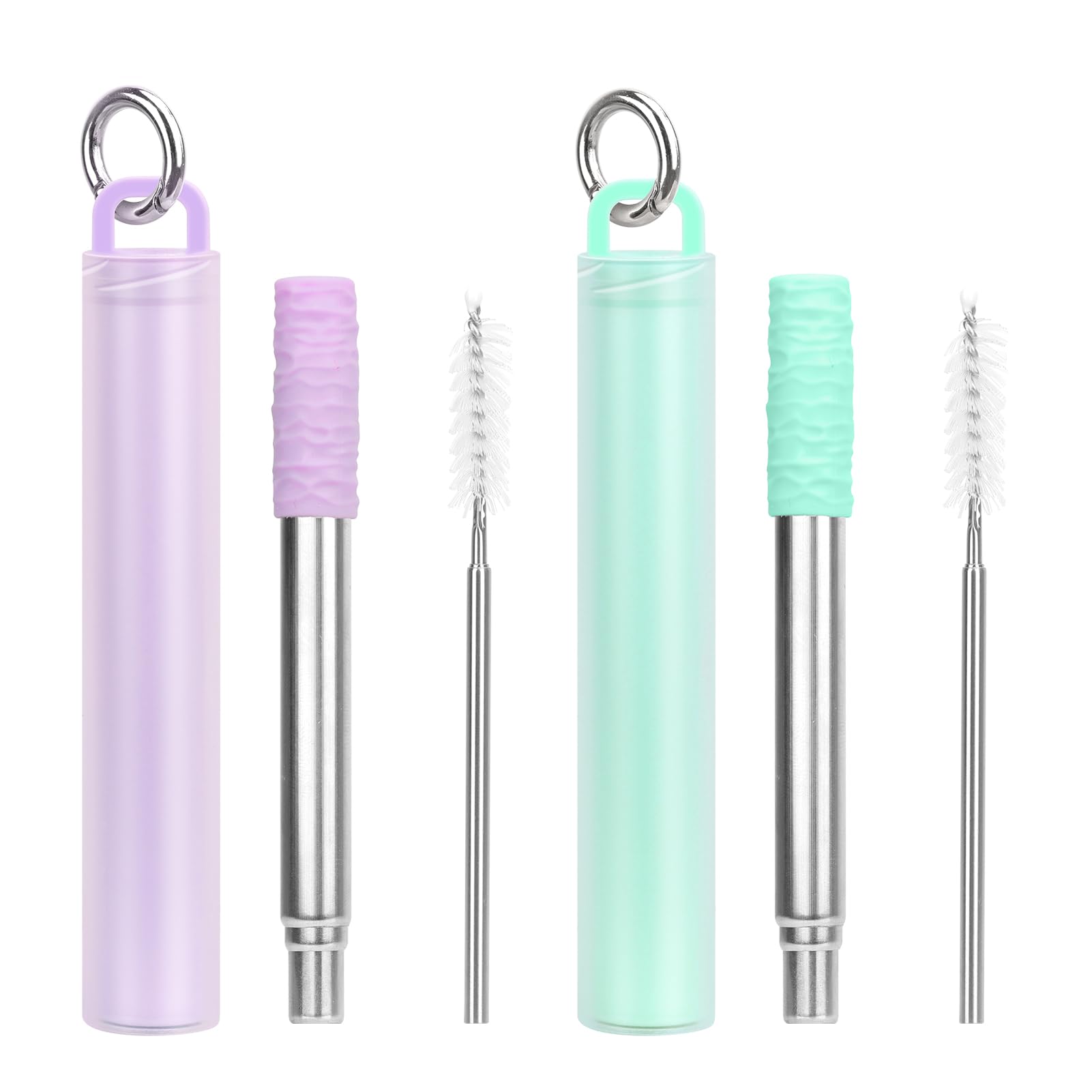 FYY Reusable Straws with Case - 2 Pack Collapsible Travel Straws with Cleaning Brush & Silicone Tips Portable Telescopic Stainless Steel Drinking Straws with Keychain Ring, Cruise Ship Essentials 2P4