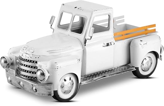 Farmhouse White Truck Decor, Vintage Metal Rustic Outdoor/Indoor Pickup Planter, Decorative Tabletop Storage, Farm Table Car Model Gift