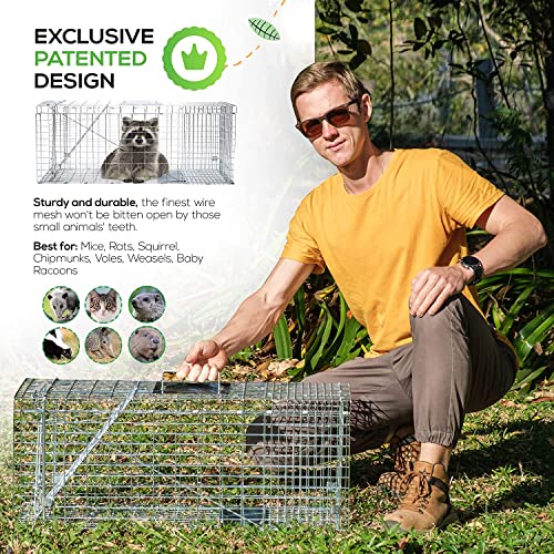 Safetrap Large Cage Trap For Live Animals + Bite Proof Gloves - 32" One-Door Humane Live Cage - Heavy Duty Animal Trap - Ideal To Catch & Release Raccoon, Chipmunk, Rabbit, Groundhog, Cat #TOP6