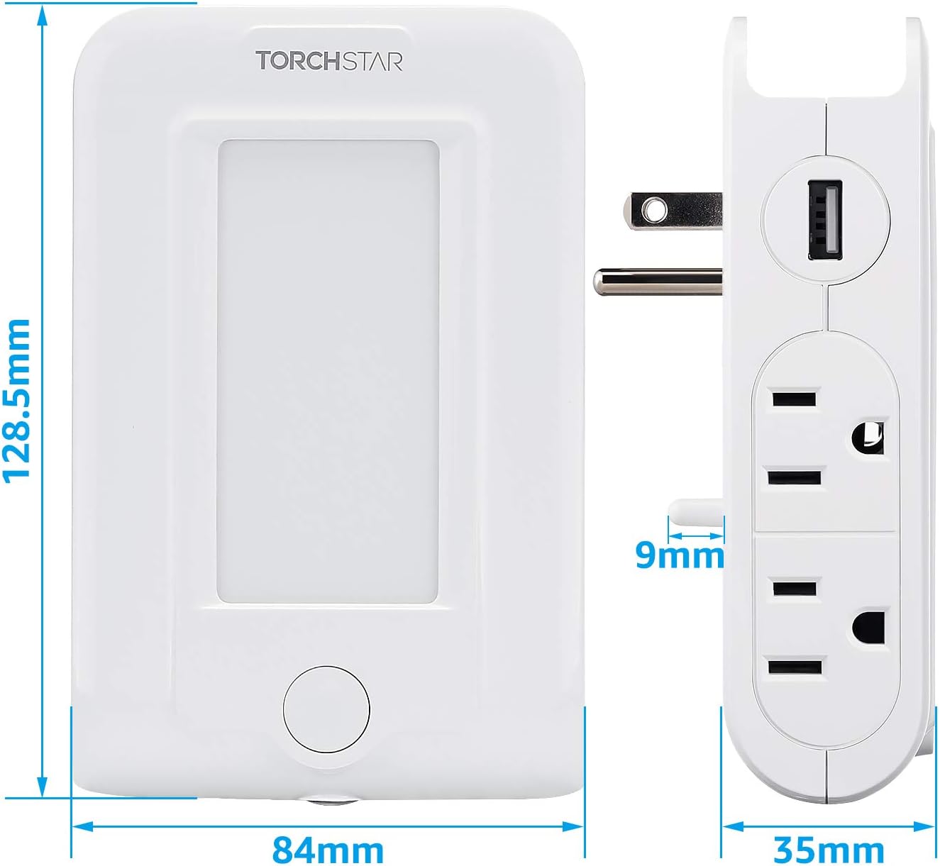 TORCHSTAR Multi Plug Outlet Extender with LED Night Light, Plug-in Wall Charger with Dusk to Dawn Sensor, Surge Protector with 2 USB Charging Ports & 4 AC Power Outlet Splitter, Phone Shelf Stand