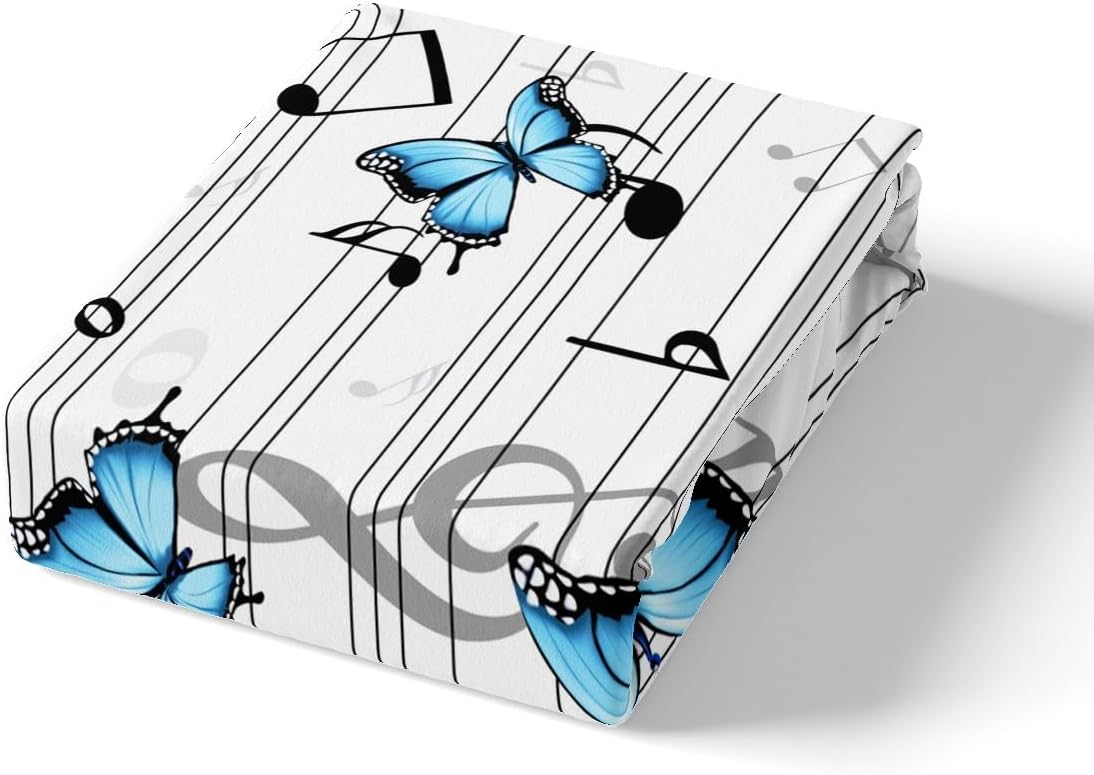 Music Kids Fitted Sheet Queen Size,Music Note Piano Musical Bedding Set,Boys Girls Adults Room Decor,Blue Butterfly Rustic Country Bed Cover,Black White Fashion Bed Sheet,2 Pillowcases